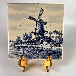Vtg Villeroy & Boch Joa Tile Delft Blue Hand Painted Dutch Windmill